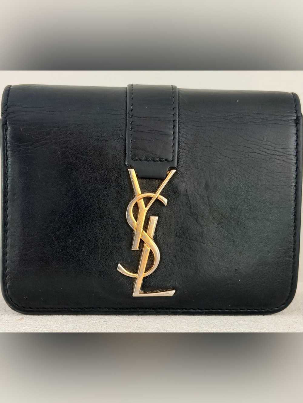 SAINT LAURENT YSL Cassandre Black Leather Compact Bifold Wallet